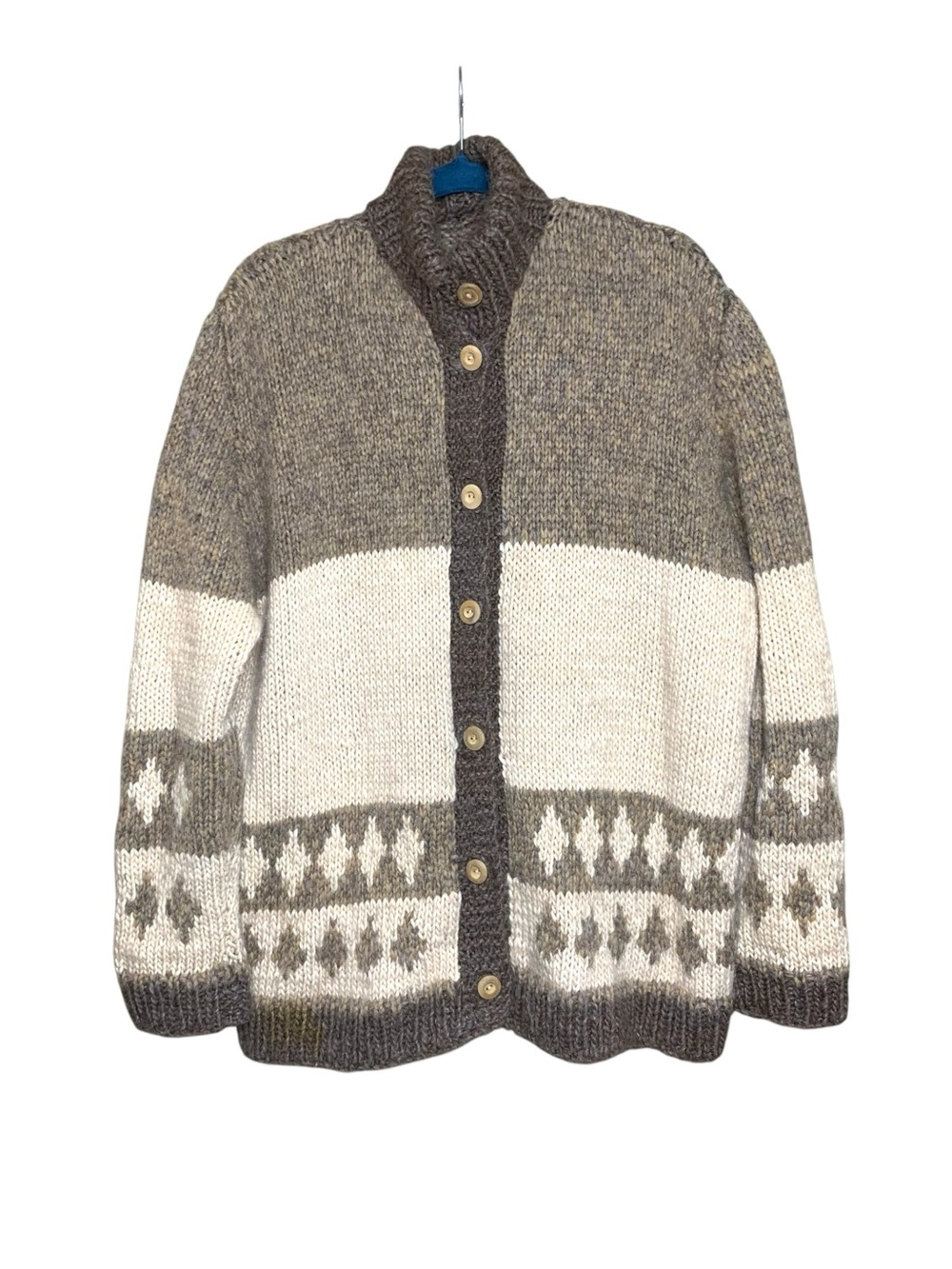 Vintage Handmade Chunky Wool Knit Cardigan Sweater Taupe & Cream Sz L Cabincore